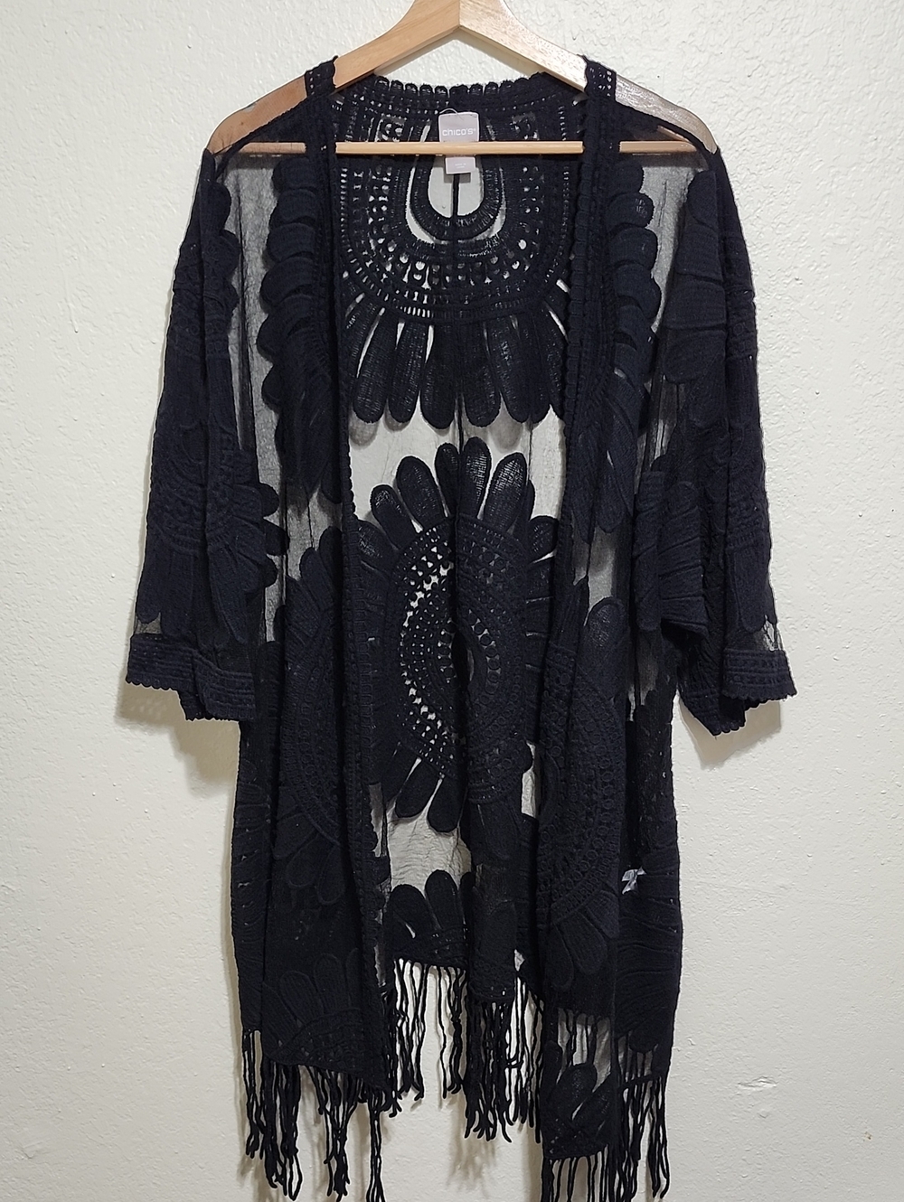 Chico’s Black Medallion Lace Fringe Kimono Duster Cardigan Size L/XL